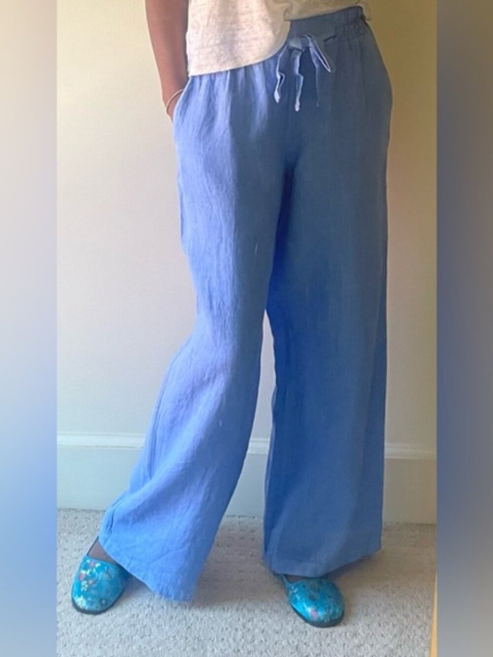 Italian Wide Leg Linen Pant, White, Sz. Sm/Med w/ Elastic waist by Linen & Moore - Picture 4 of 14